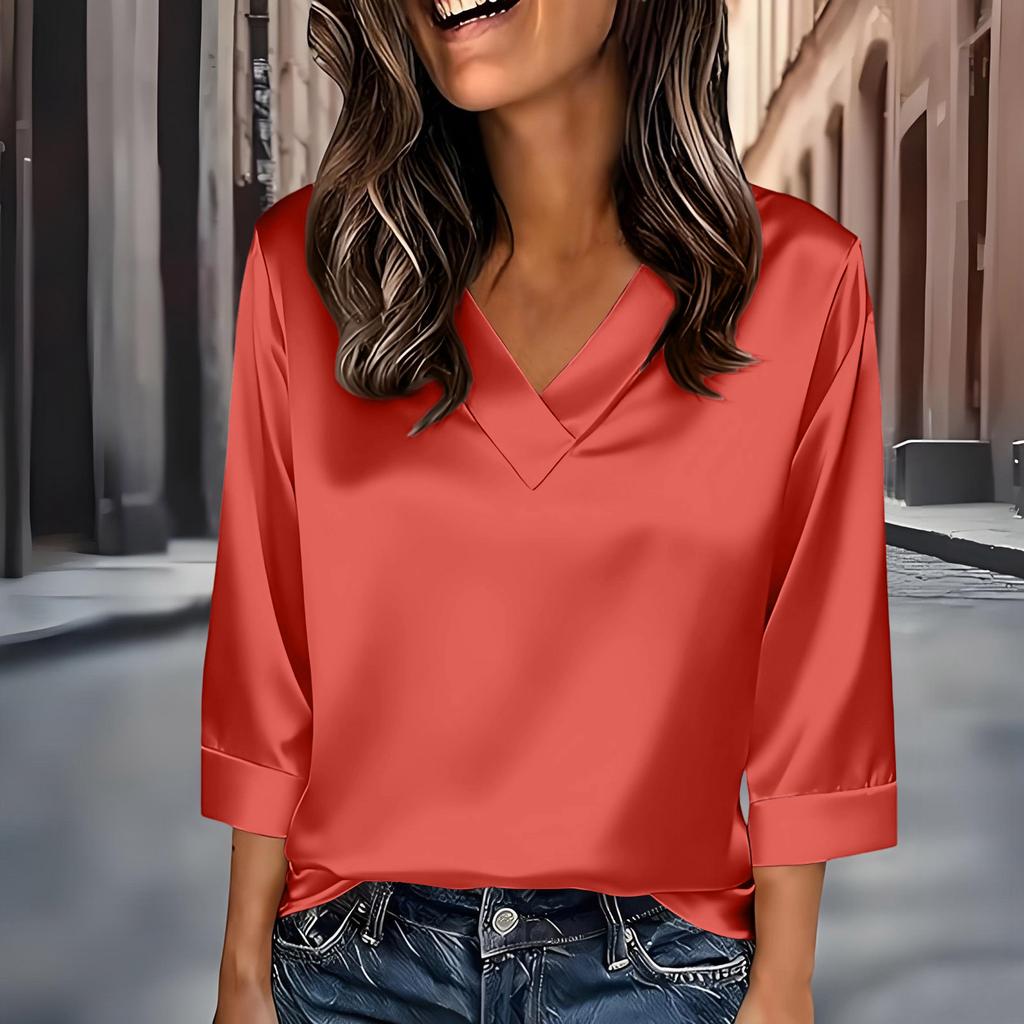 Womens 3/4 Length Sleeves Shirts V-Neck Satin Color Loose Dressy Trendy T-Shirt Pullover Blouse Tops