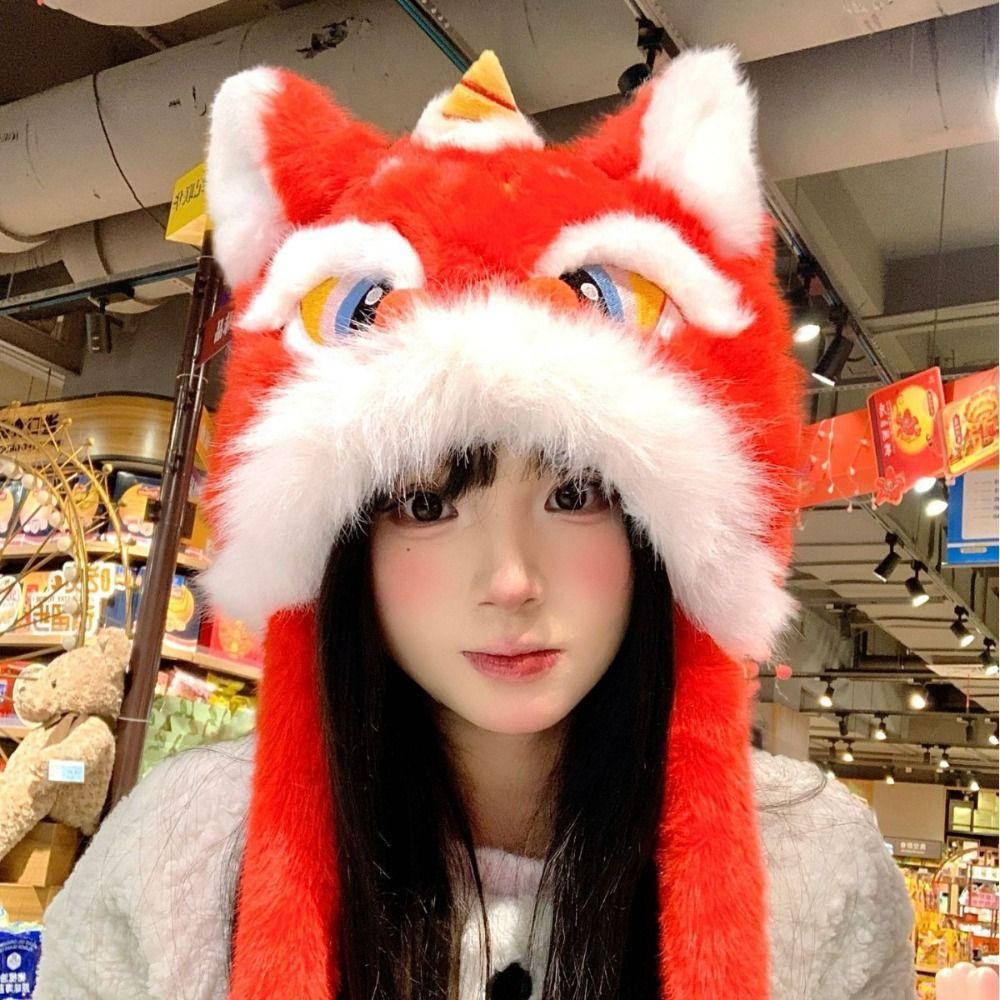 Thickened New Year Red Cap Ears Can Move Plush Beanies Fashion Lion Dance Hat  Outdoor