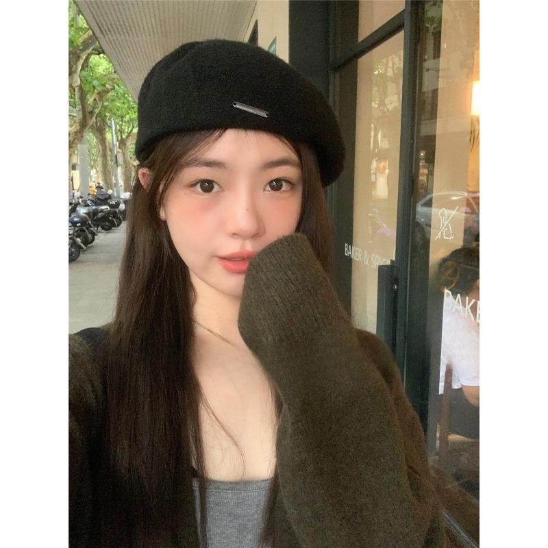 Metal Label Camel Hair Beret for Women Korean Style Autumn and Winter Woolen Beret Versatile Face Showing Small Retro Painter Hat