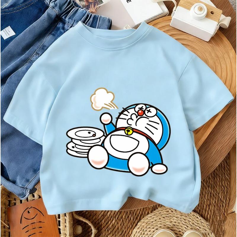2026 Casual Round Neck Boys and Girls Summer T-Shirt Doraemon Fashion Cartoon Design