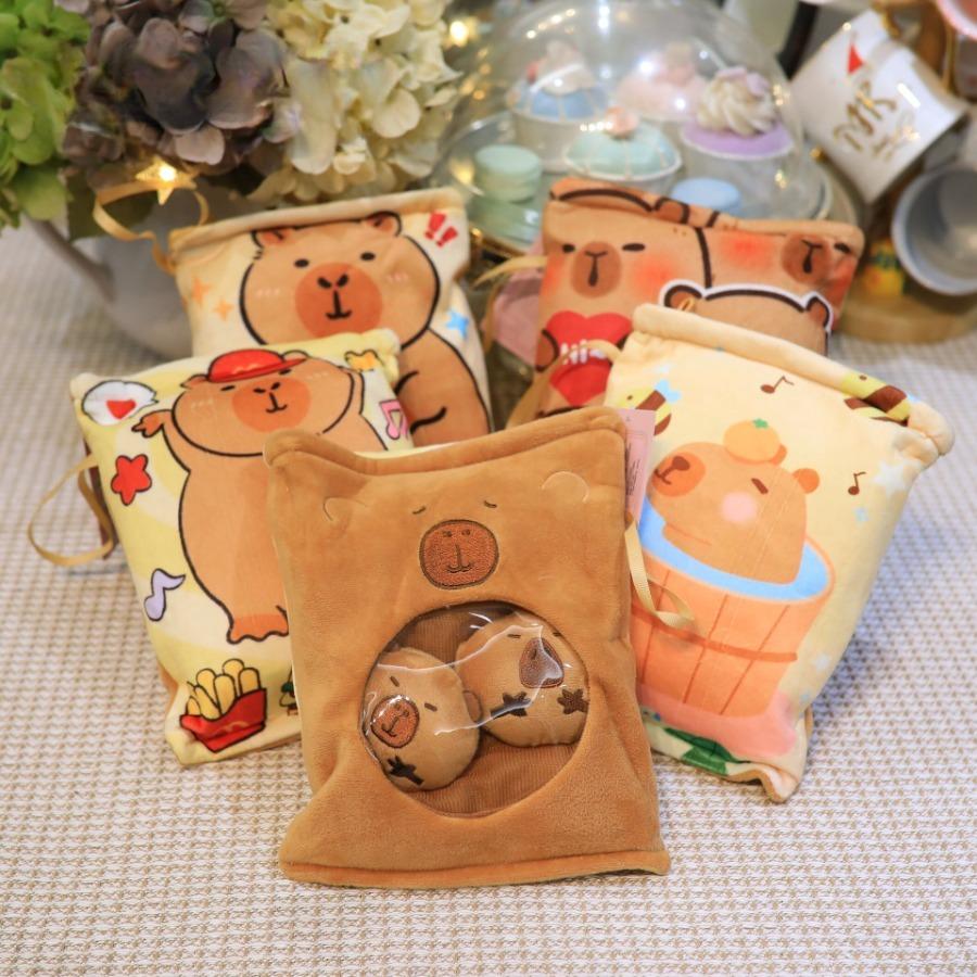 Capybara Snacks Bag Plush Toy Throw Pillow Capibala Snacks Plushie Doll Creative Pudding Bag Hold 2 Capybara Cubs Stuffed Animal