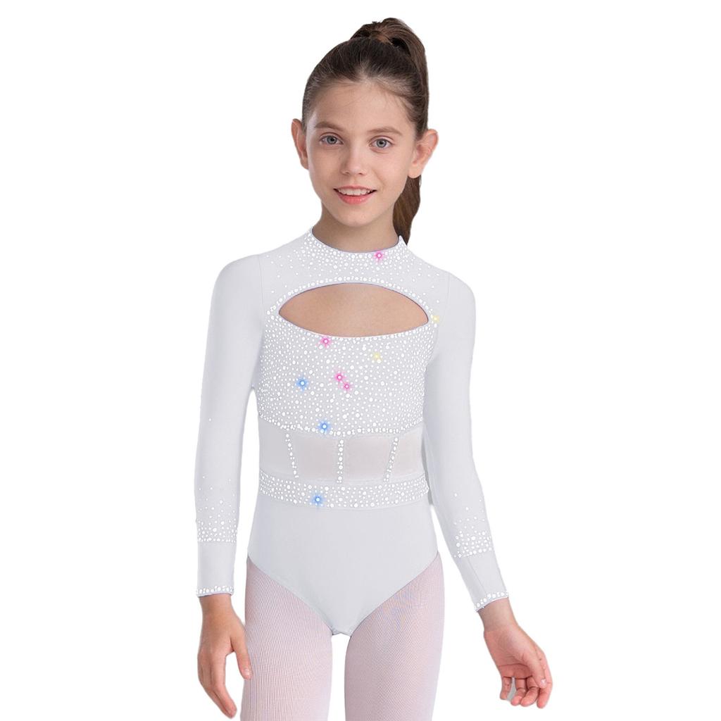 Girls Dance Bodysuit Long Sleeve Rhinestone Leotard with Back Zipper & Cutout for Performance