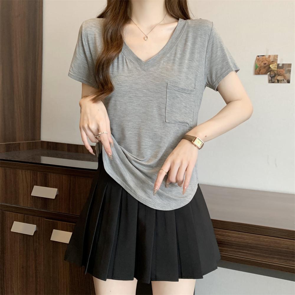 

Pure desire wind loose and careful machine V-neck pocket short-sleeved T-shirt women s summer new sexy women s top 2XL