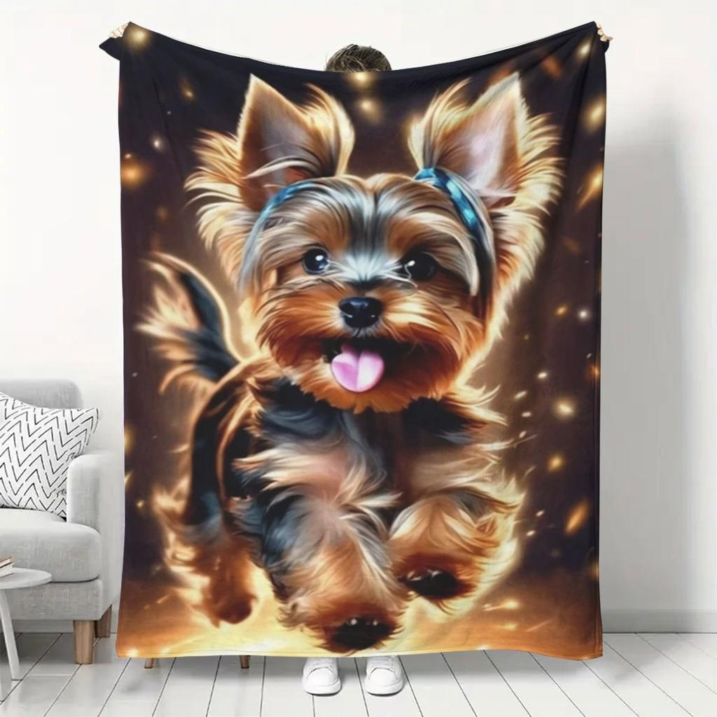 Custom Yorkie Blanket Cute Dog Bow Sparkle Design Name Fleece Throw All Season Soft Warm Bedding Home Decor Gift