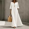 European and American Autumn Women's V-neck Seven-quarter-sleeved Holiday Cotton and Linen Blended Casual Long Dress