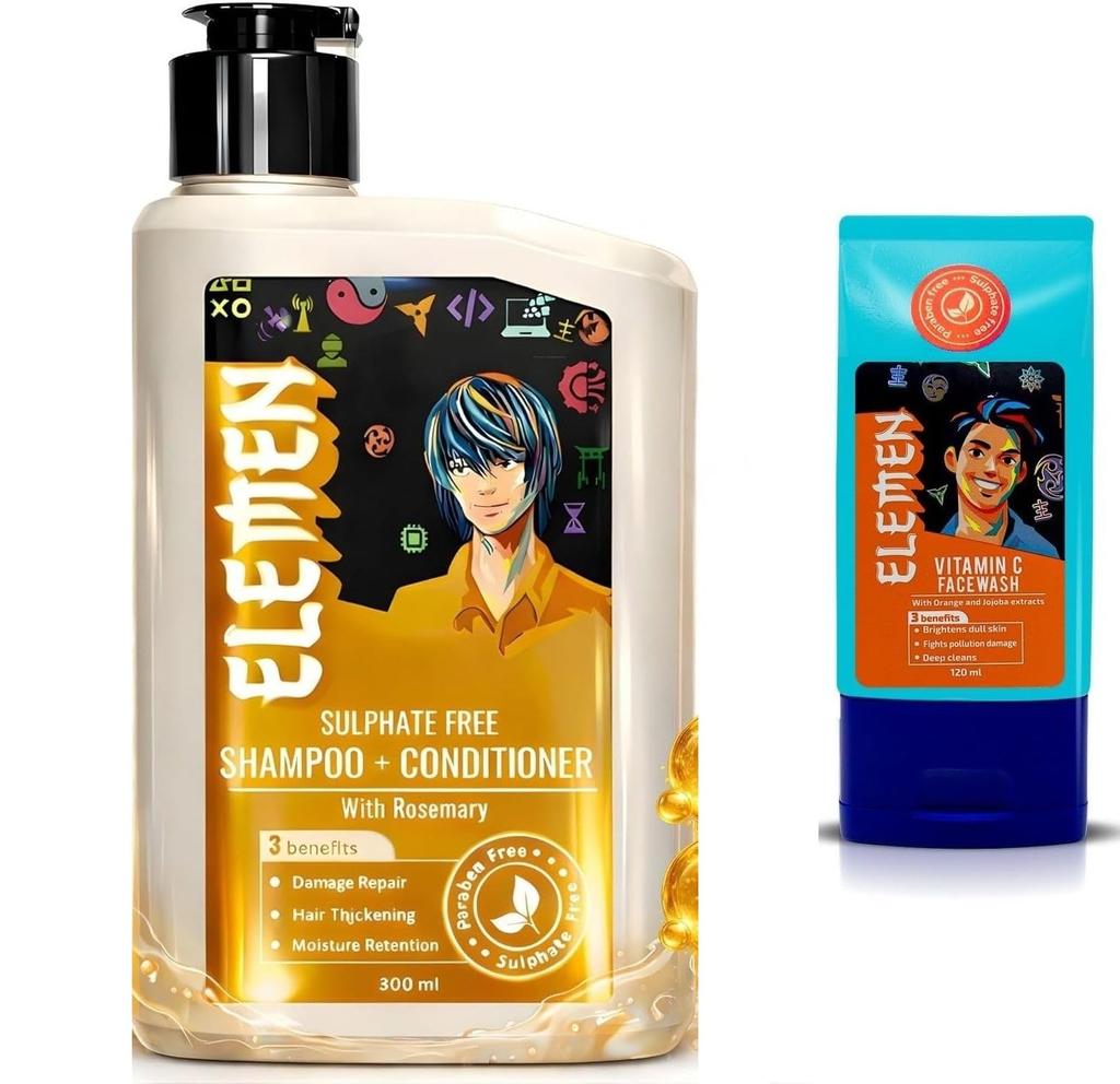 Elemen 2-in-1 Shampoo + Conditioner (300ml) & Vitamin C Face Wash (120ml) – Revitalizing Hair & Skin Brightening Grooming Kit
