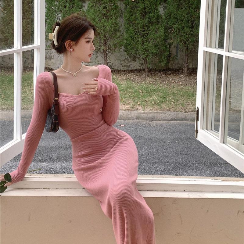 

Пуловер-свитер, платье с запахом ягодиц для женщин, осенне-зимнее вязаное шерстяное платье средней длины, свитер, женские топы One Size розовый