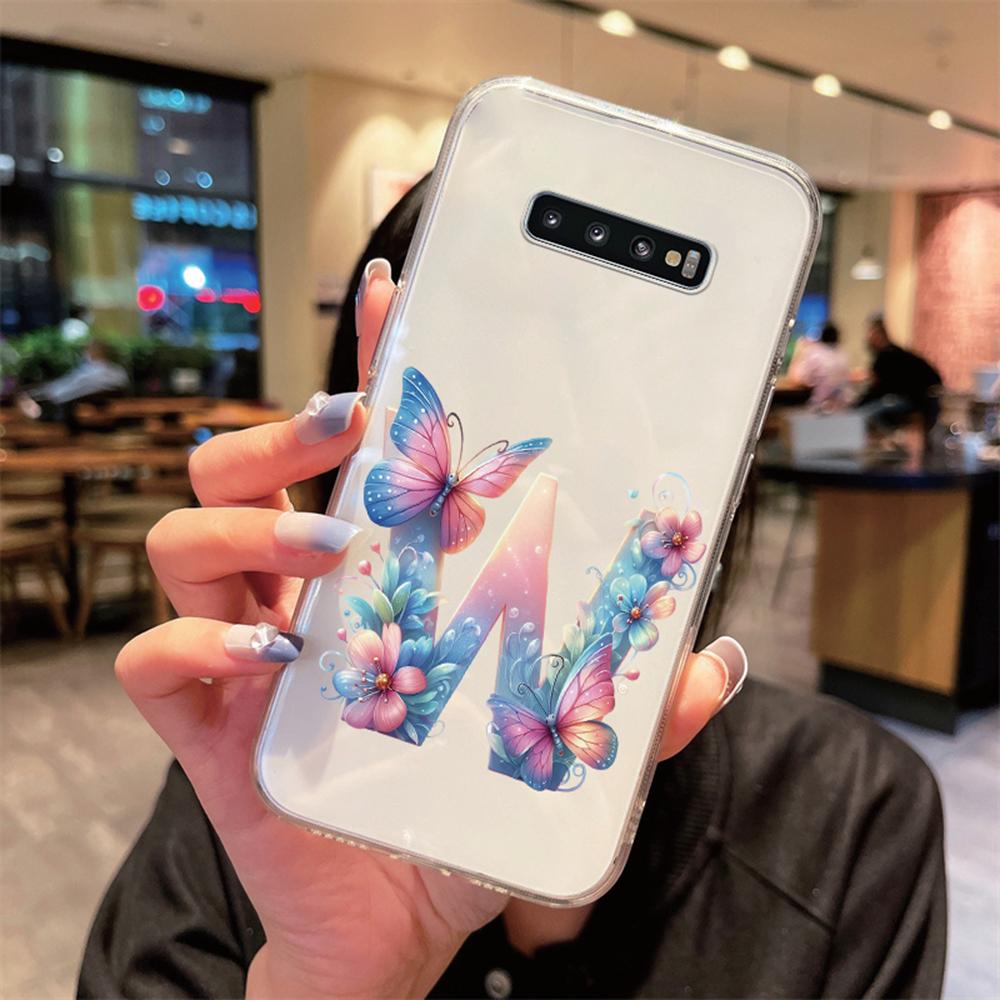 For Samsung Galaxy S10 Plus S10+ S10e Silicone Cover Transparent Clear Samsung s10 Cute Blue Butterfly Flower Letters Phone Case