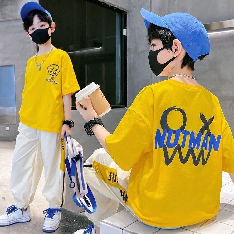 

Boys Summer Teens Clothing Set Letter Short Sleeve T-shirt + Pants Suit Child Casual Outfits 120 жёлтый
