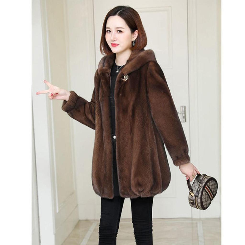 Hooded mid-length imitation mink fleece coat