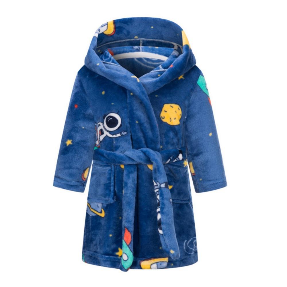 2-12 Years Kids Flannel Bathrobe Children Print Soft Warm Hooded Robes