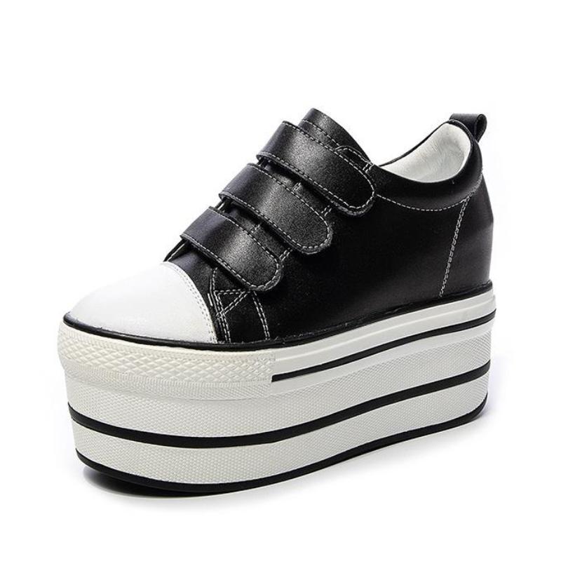 

Новые 12 см Натуральная кожа Новая женская обувь Каблук-платформа Кроссовки на платформе Клиновидная белая обувь Модная женская кожаная обувь Повседневная 33 чёрный