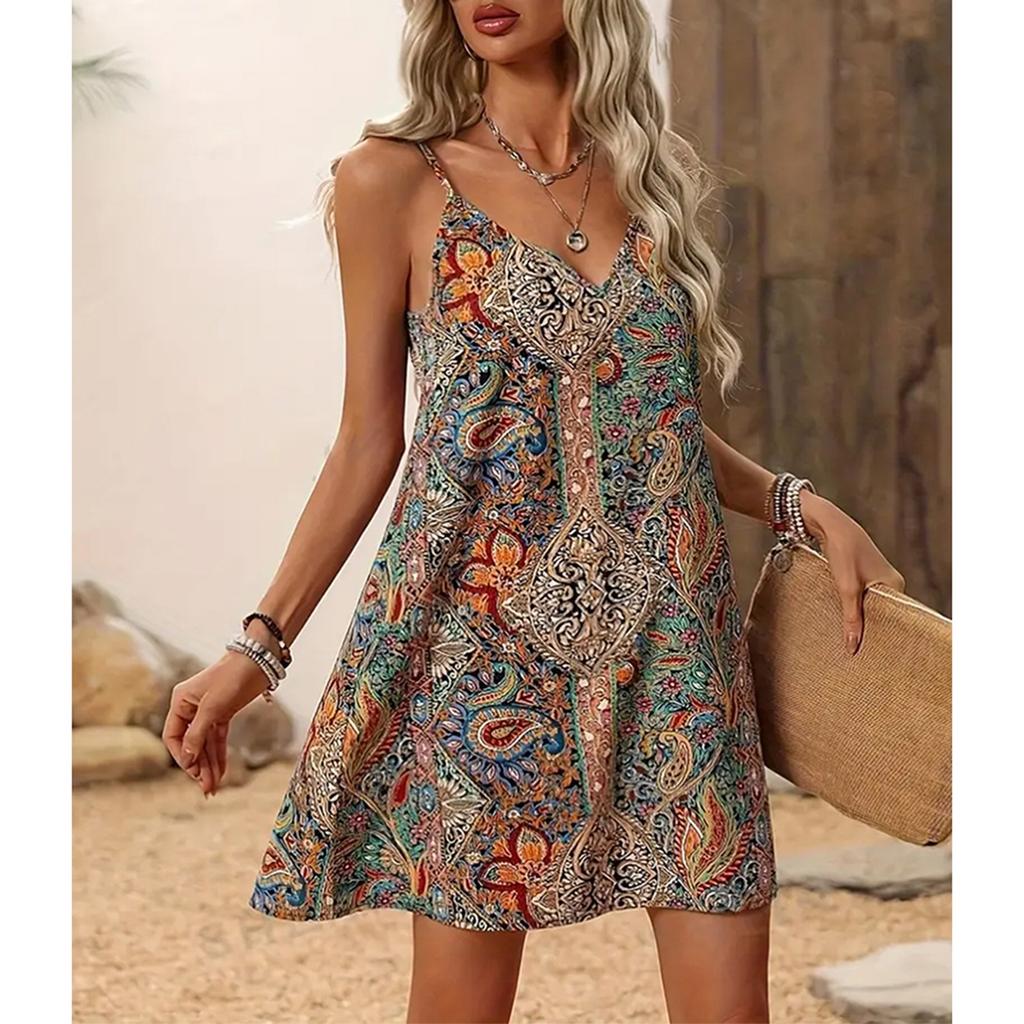 Women's Fashionable Bohemian Printed V-neck Sleeveless Dress