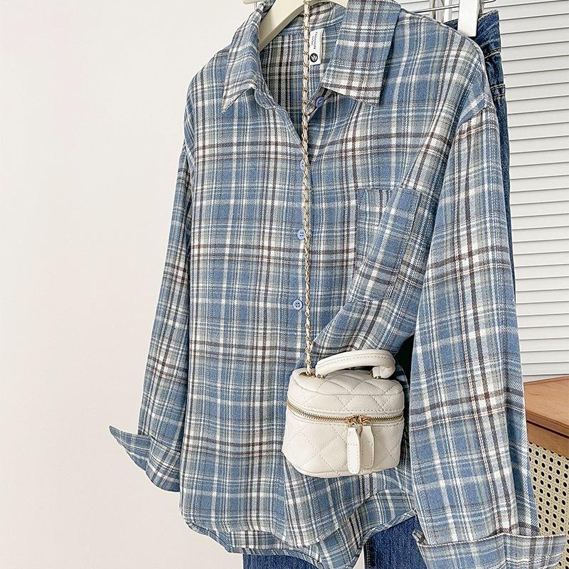 

Женская клетчатая рубашка весна/осень, ретро, свободная, модная клетчатая блузка, топ, премиальная уличная одежда, повседневная верхняя одежда XXL небесно-голубой