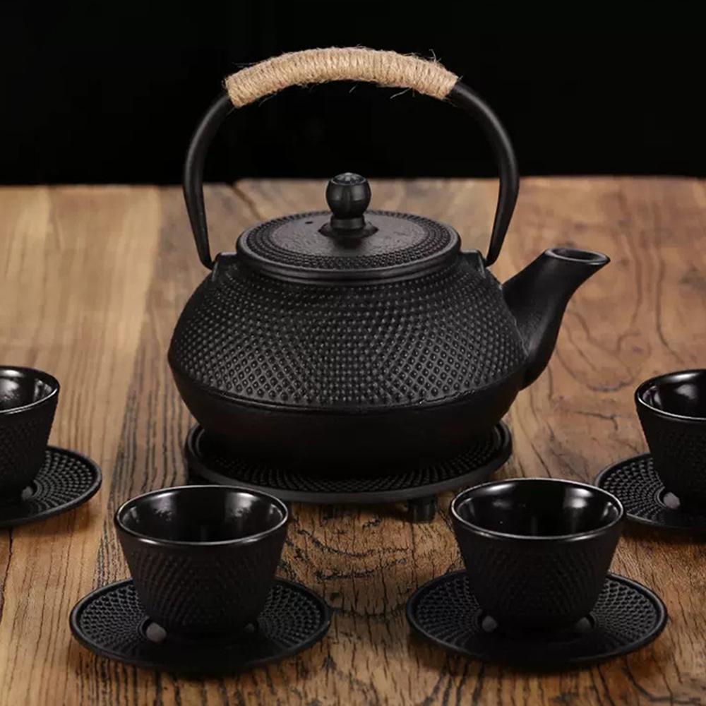 Traditional Cast Iron Teapot, Household Small Particle Iron Tea Kettle Uncoated with Tea Strainer, Surrounding Stove Tea Set