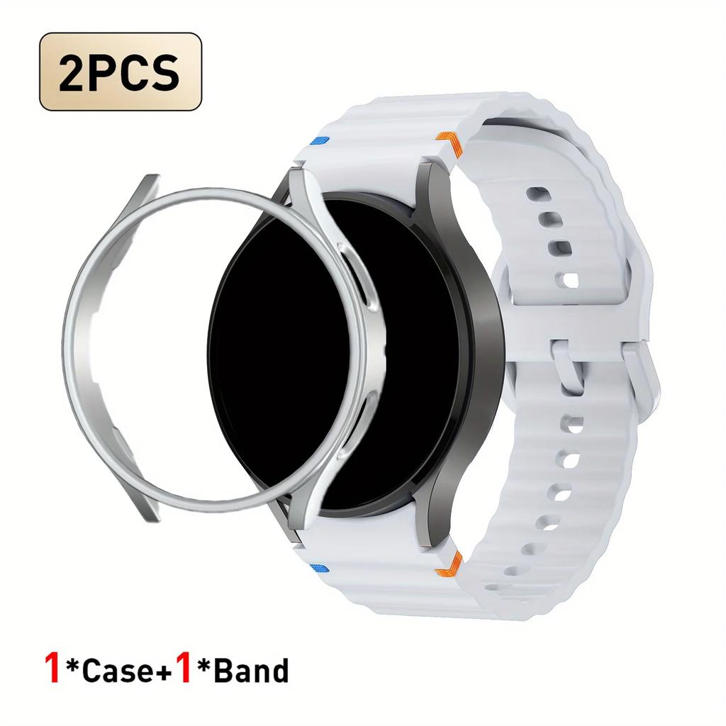 2pcs Strap & PC Case for Watch7/6/5/5Pro/4/FE Original Wave Stitch Color Buckle Semi-Covered Sweat-Proof for Sports