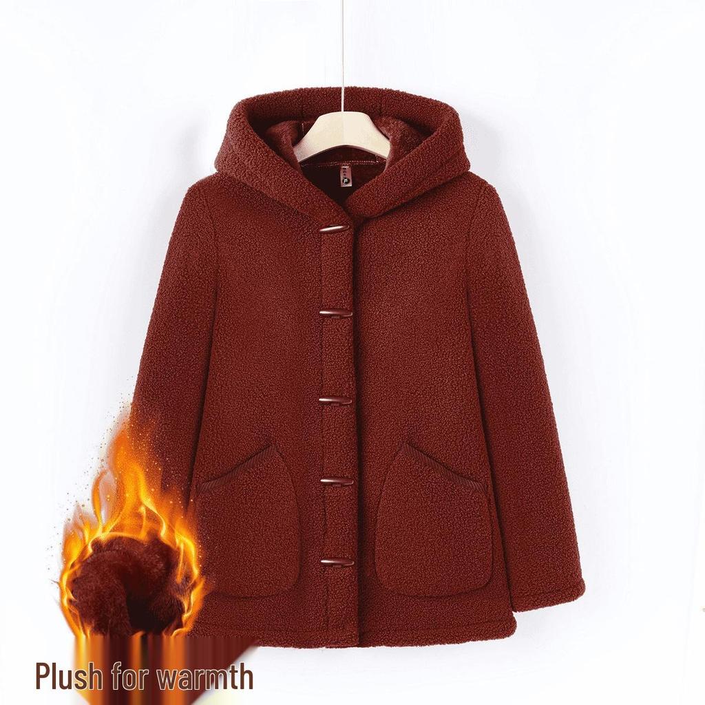 One-Piece Fashionable Winter Hooded Jacket for Middle-Aged and Elderly Women - Plus Velvet and Fleece Lined