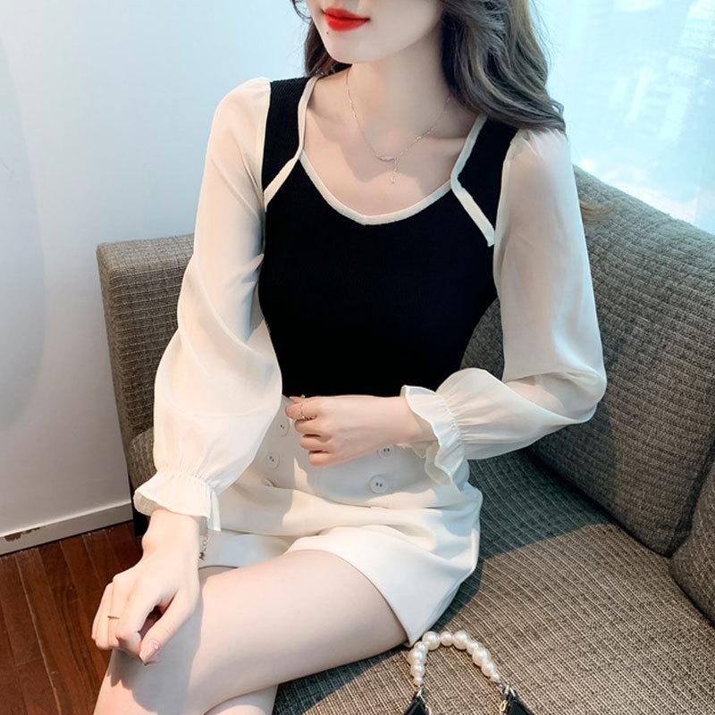 Chiffon Splice Knit Autumn New Fashionable Design Sense Small French Square Neck Slim Fit Long Sleeve Top
