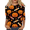 Women's Casual Halloween Print 3/4 Sleeve Round Neck Top Lightweight Soft Fabric Pullover Shirt for Everyday Wear