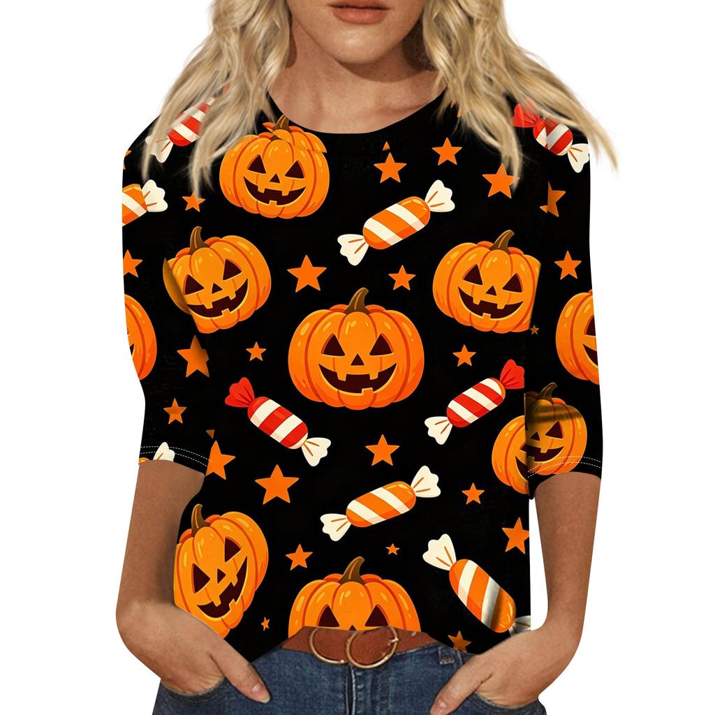 Women's Casual Halloween Print 3/4 Sleeve Round Neck Top Lightweight Soft Fabric Pullover Shirt for Everyday Wear