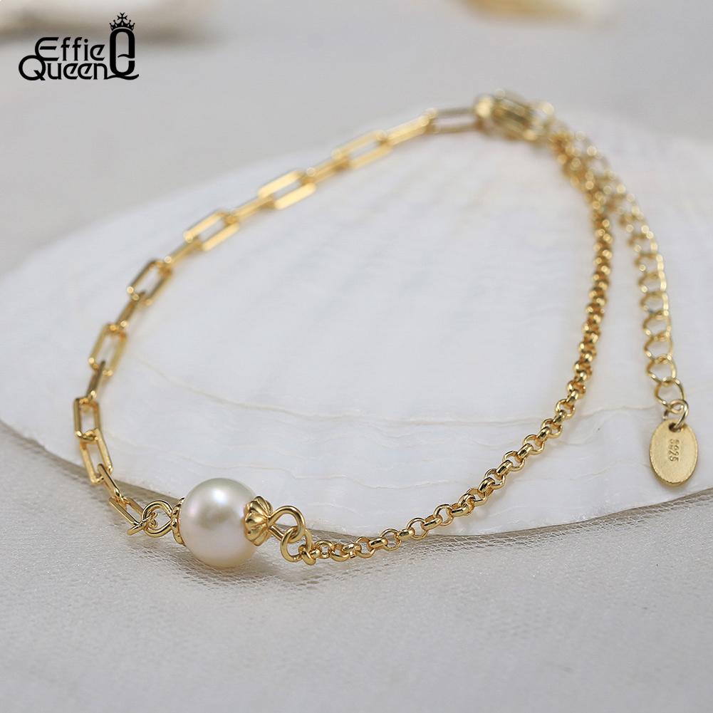 EFFIE QUEEN Simple 14K Gold Plated Real Pearl Chain Bracelet for Women 925 Sterling Silver Designer Fashion Jewelry Gift GPB33