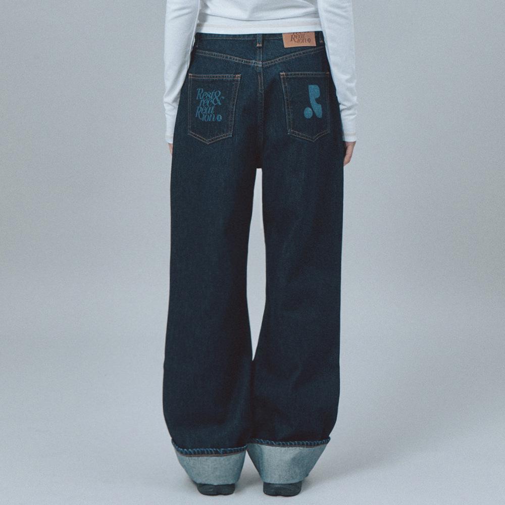 

2025 Корейские женские джинсы из выбеленного денима прямого кроя с подвернутым краем на осень/зиму M (Official Size) темно-синий