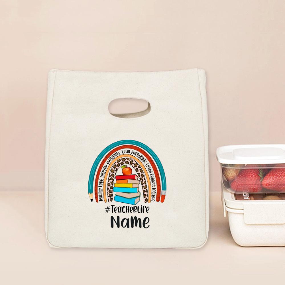 

Personalised Rainbow with Name Lunch Bag Portable Insulated Canvas Cooler Tote Thermal School Food Storage Bags Gift for Teacher