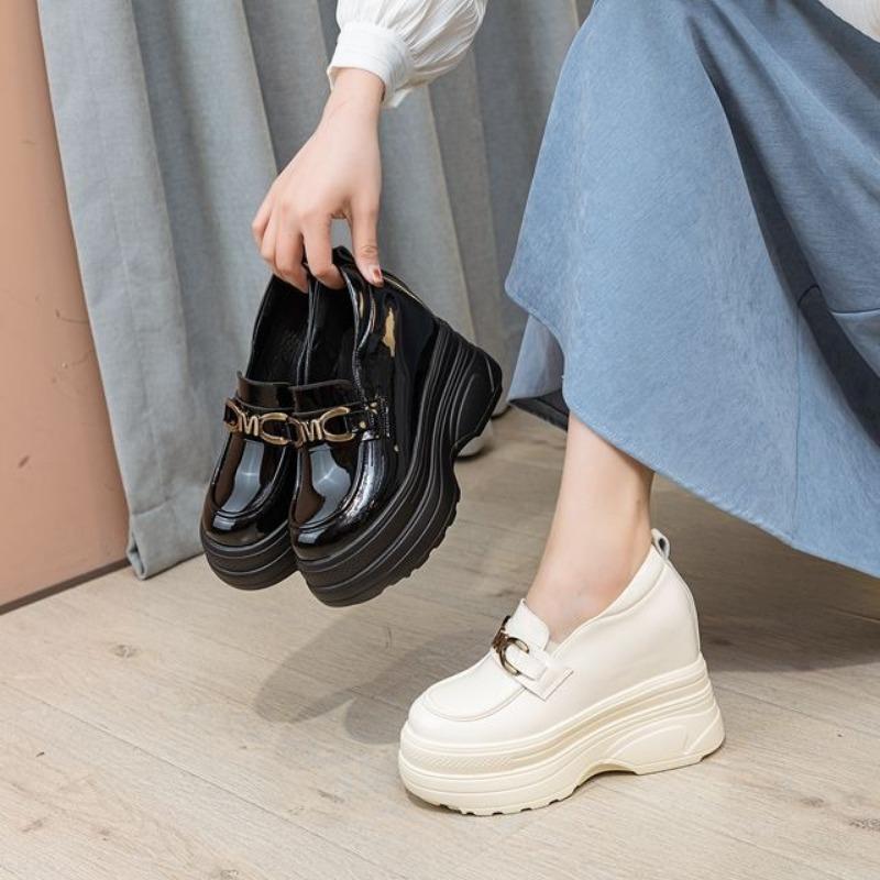 High quality 11CM Patent Genuine Leather Spring Autumn Women Platform Wedge Cushioned Ankle Boots Fashion Pumps High Brand Shoes