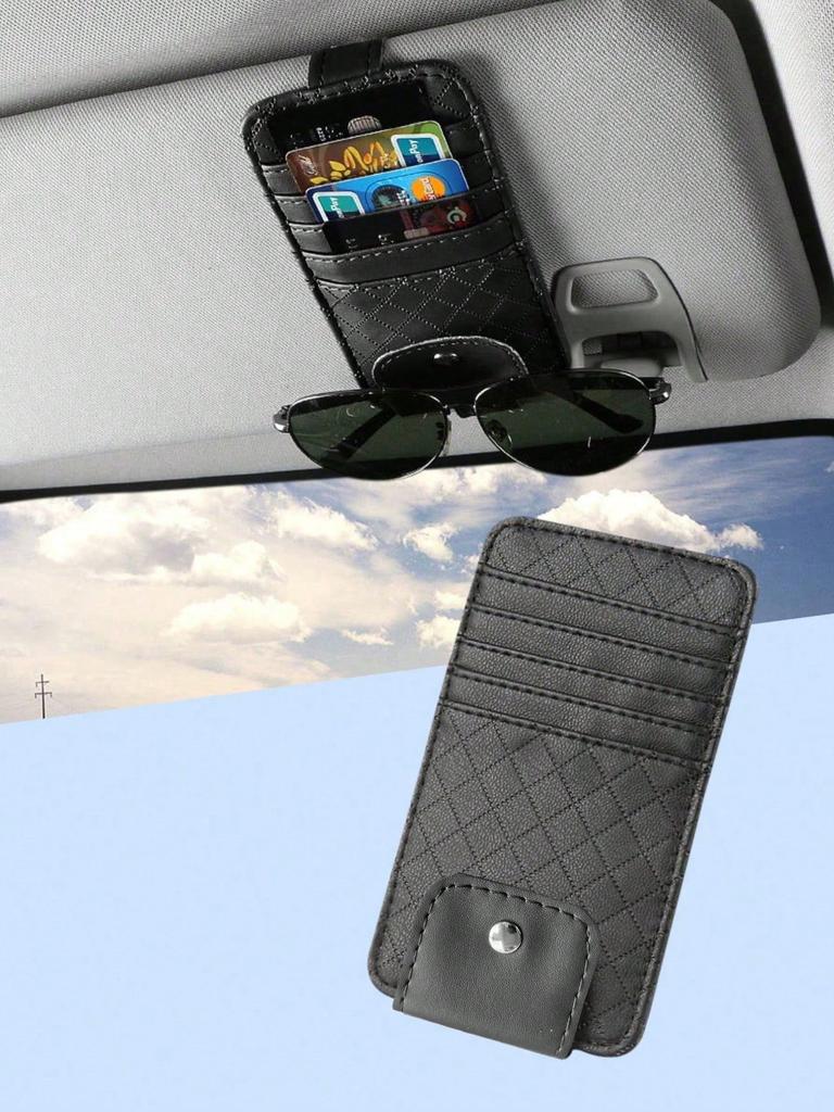 1Pc Car Sun Visor PU Leather Organizer - Multifunctional Sunglasses & Card Holder, Velcro Design, Universal Fit.