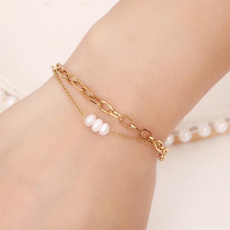 

Stainless Steel Waterproof Double-Layer Freshwater Pearl Bracelet for Women