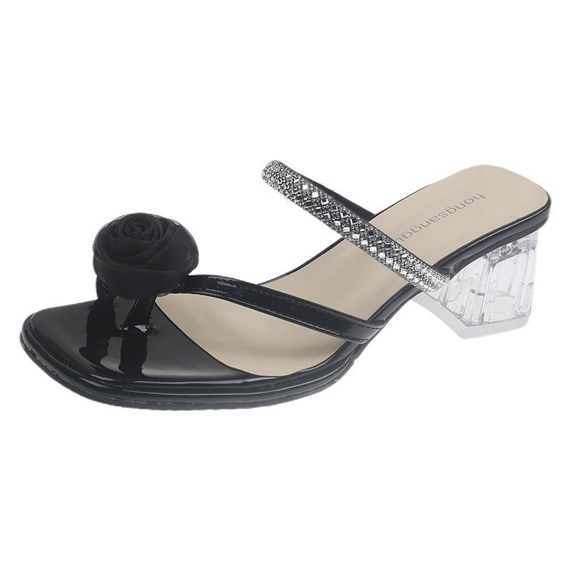 

Beautiful flower set toe slippers women s summer new rhinestone toe sandals crystal thick heel with skirt sandals 40 чёрный