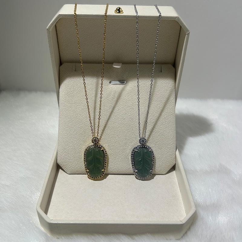 Women's Artistic Blue Jade Leaf Necklace with Gold Branch - New Chinese Style Luxury Design