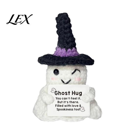 Adorable Holiday Party Favor Hand Knitted Halloween Ghost Ornament, Crochet Plush Doll with Tactile Comfort Sensory Toy Encouragement Card,