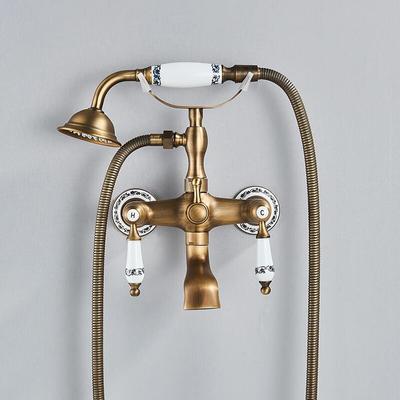 Retro Style Brass Bathtub Shower Faucet Set Dual Knobs Wall Mounted Bathtub Mixer with Handshower and Swivel Tub Spout Tap