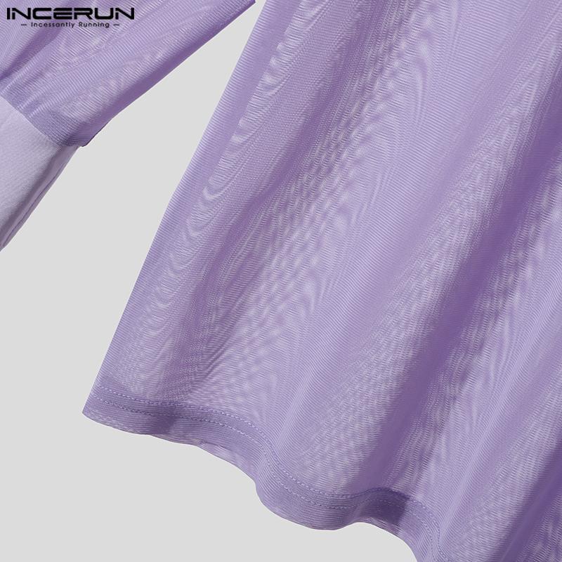 INCERUN Men Mockneck Long Sleeve Mesh Tops Party Button Down Fishnet Shirts