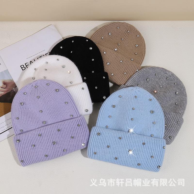 Autumn and winter casual versatile rhinestone rabbit fur wool hat women's fashion heavy industry cold hat warm windproof cover knitted hat