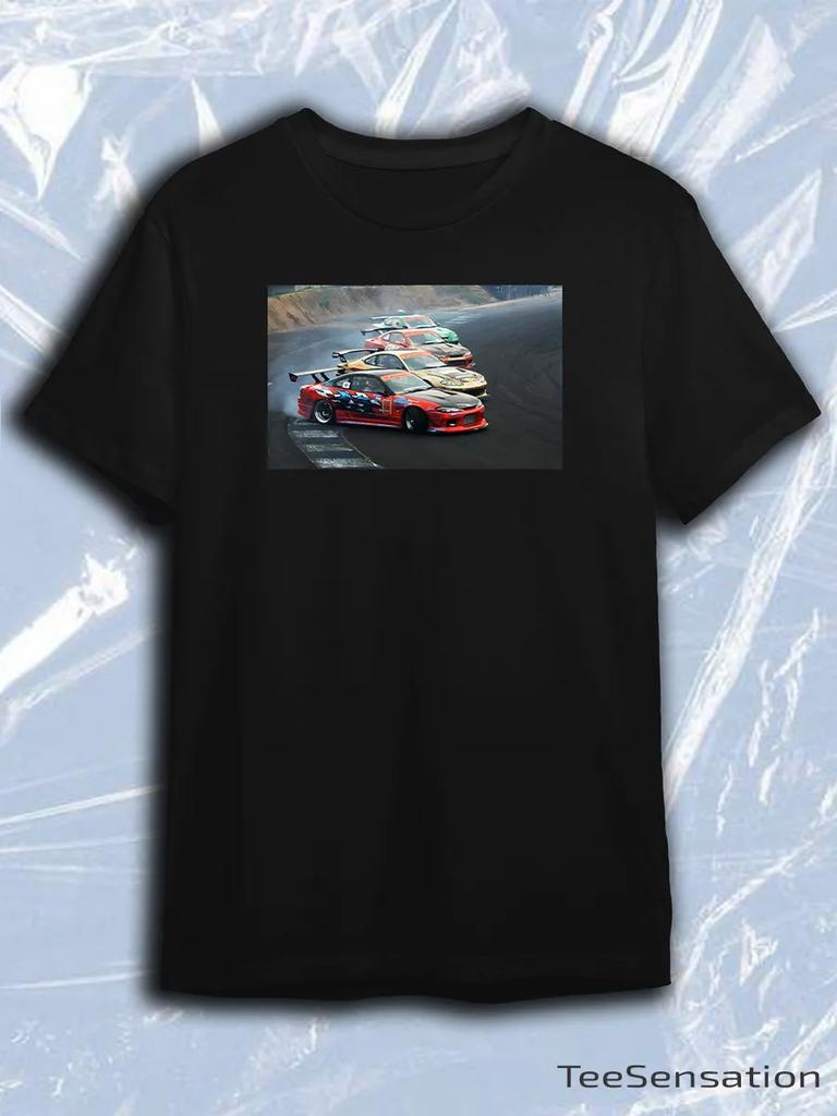 TeeSensation Black Crew Neck Short Sleeve T-Shirt with Nissan Silvia Drift Cars Racing Track Photo Print