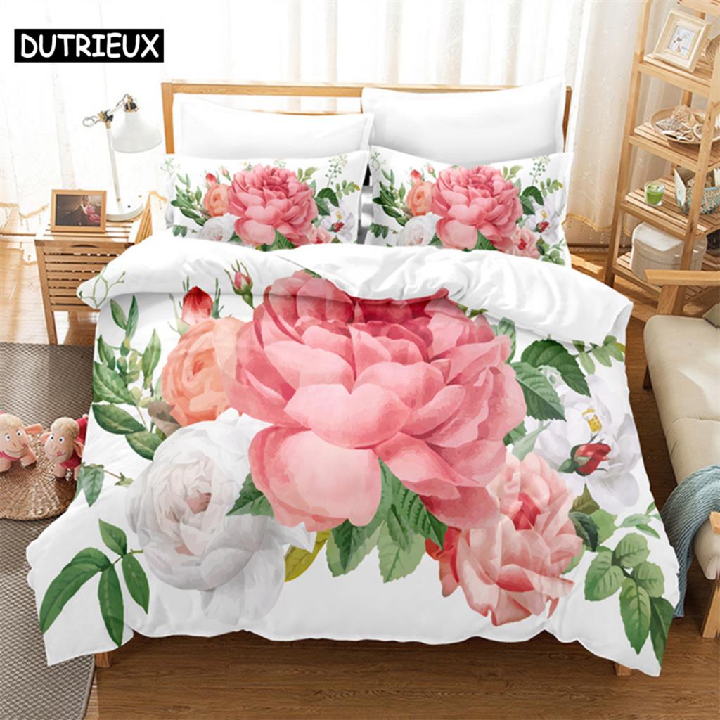 Pink Rose Queen Bedding Set Boys Girls Duvet Cover Bedroom Bed Set Comforter Cover Set King Size Duvet Cover Set Bedding Sets