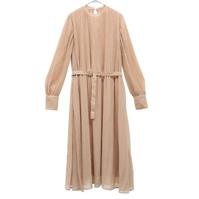 Mila Owen Langarm Plissiertes Langes Kleid beige Damen Gebraucht