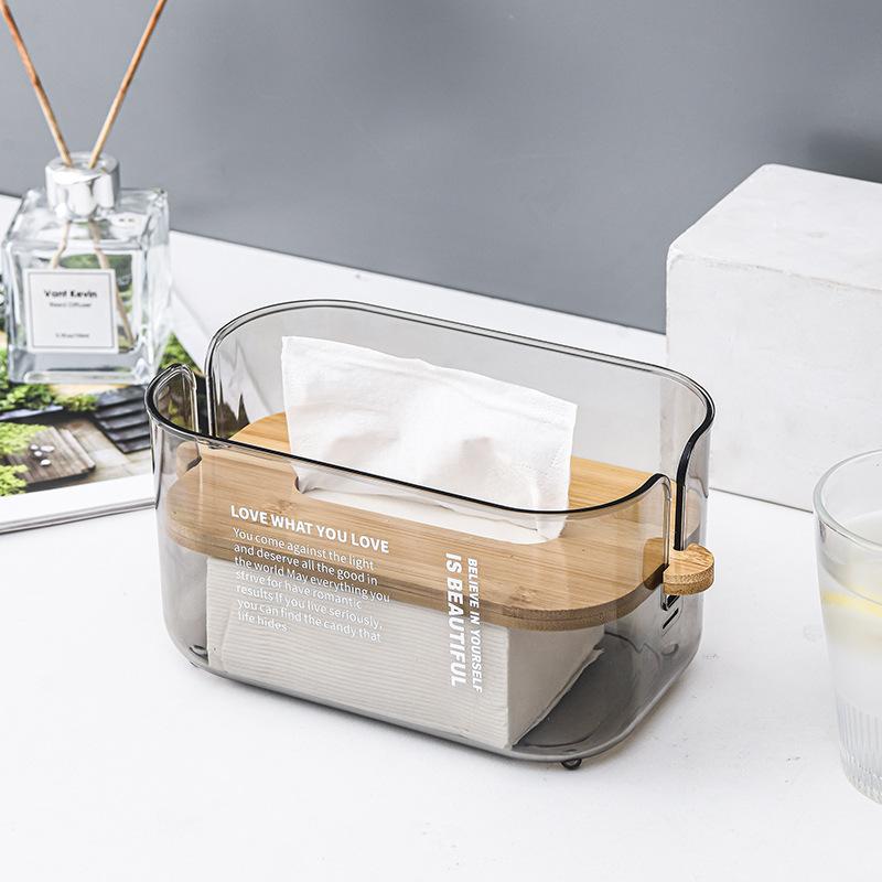 1pcs Nordic Minimalist Transparent Tissue Box Bamboo Lid Tissue Storage Box for Home Living Room Dining Table Paper Box