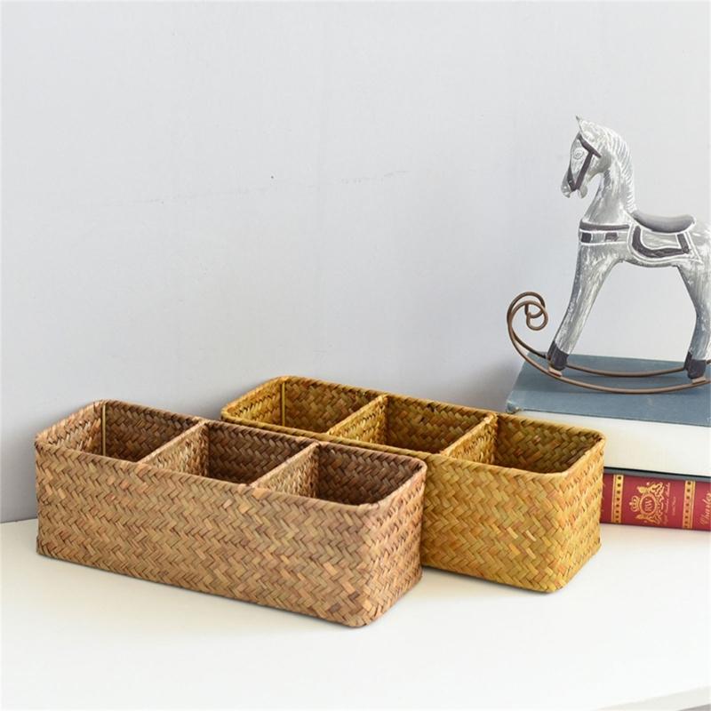 Storage Basket Sea Grass Stationery and Makeup Box Desktop Organizer Box with Compartments for Office and Home Use