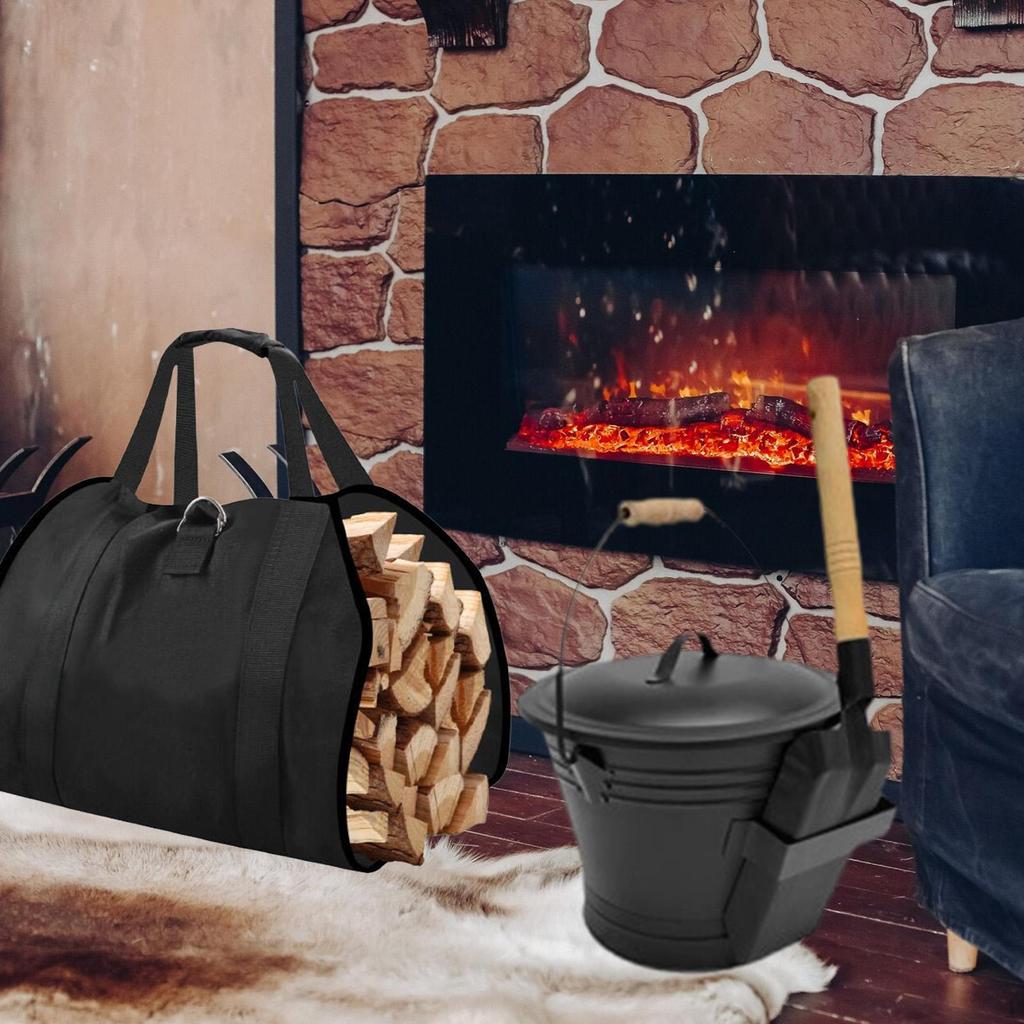 Ash Bucket with Spade and Log Carrier Pail Heat Resistant Outside Winter Fireplace Tool Set for