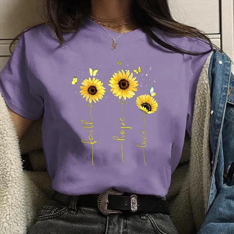 Women's New Fashion Hope Love Faith Sunflower Pattern Printed T-Shirt Women's Outdoor Street Cool Round Neck Short Sleeve Shirt