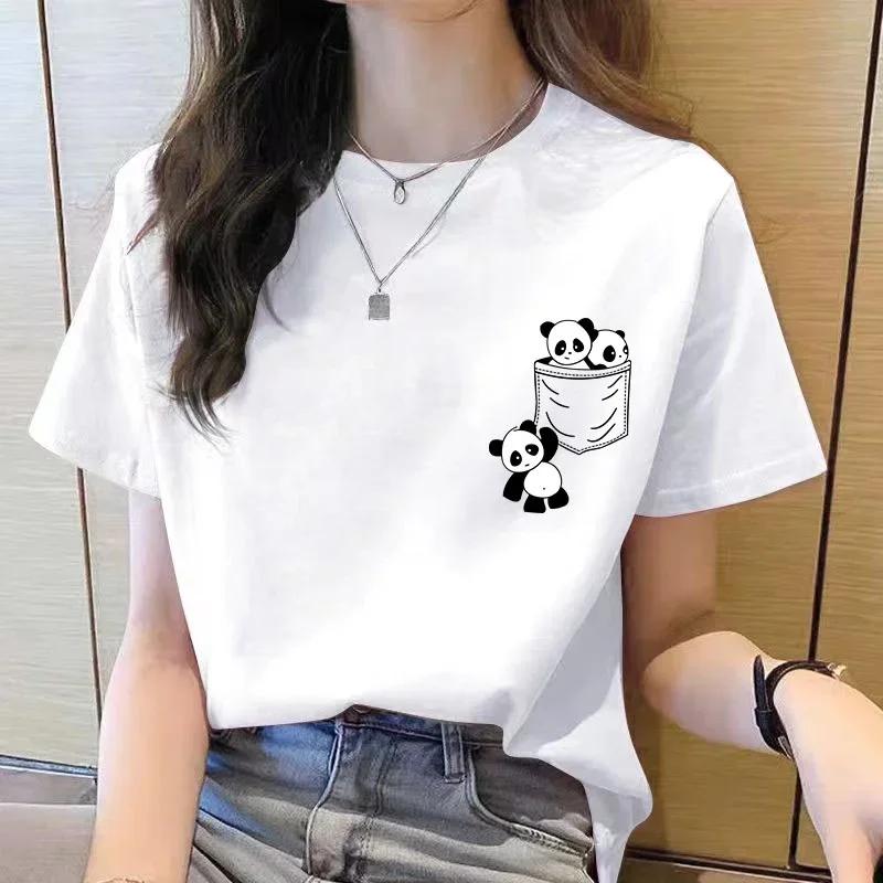 Women Short Sleeve Top Summer New Pocket Panda Cartoon Printed T-shirt Korean Fashion Women Tops Round Neck T Shirt Women