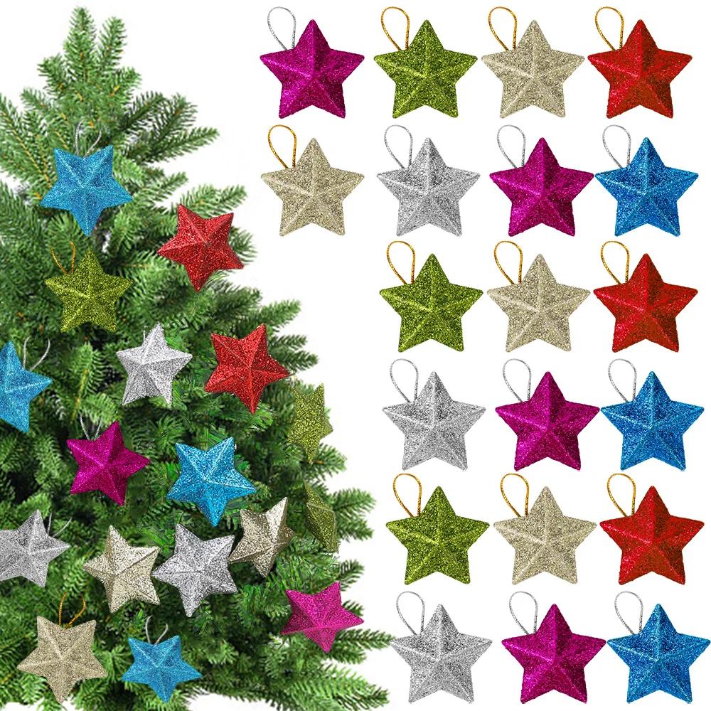 120/6Pcs Glitter Star Ornaments Christmas Tree Hanging Pentagram Pendant for Home Navidad New Year Party DIY Five-pointed Stars