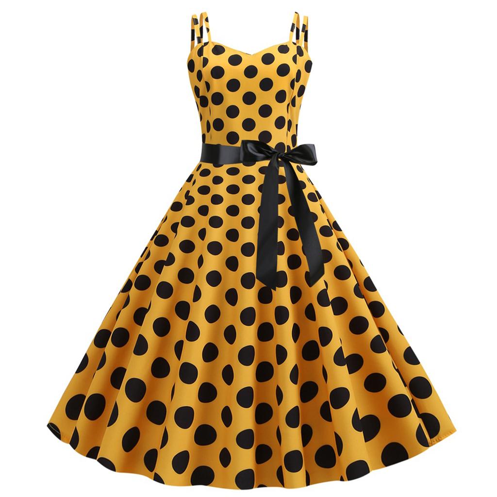 Women's Retro Style Dress With Double Suspenders And Polka Dot Printed Large Skirt