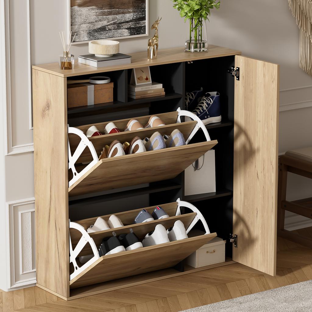 Shoe Cabinet with 2 Flaps & 1 Door – Narrow Shoe Tilt Cabinet, Open Compartments & Adjustable Shelves, Space-Saving, Wood Look/Black, 90x24x94 Cm