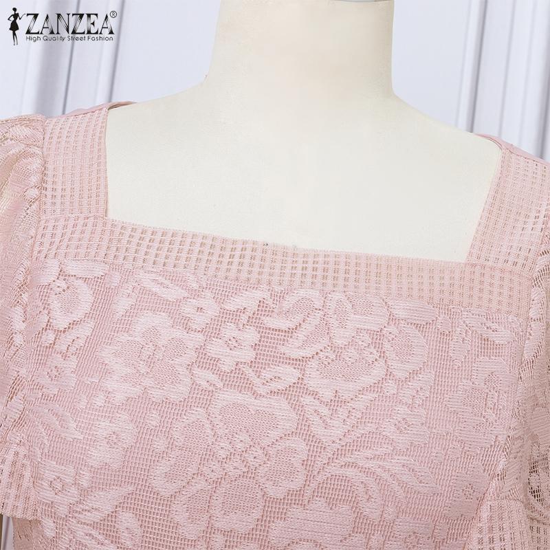 ZANZEA Women Casual Square Collar Summer Short Sleeve Lace Dress Elegant