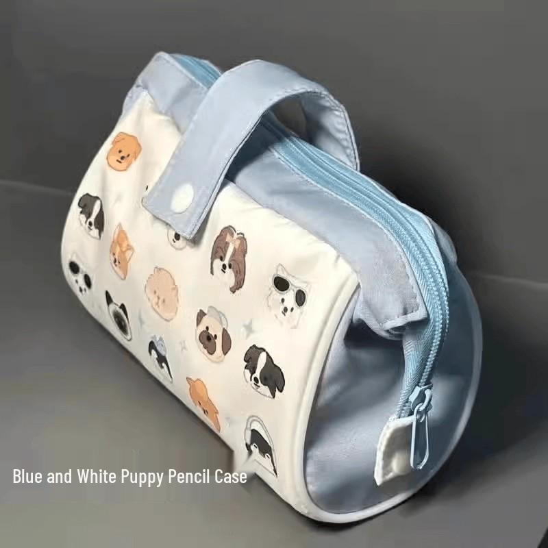 Cream Blue Large Capacity Multifunctional Pencil Case and Makeup Bag with Puppy Design
