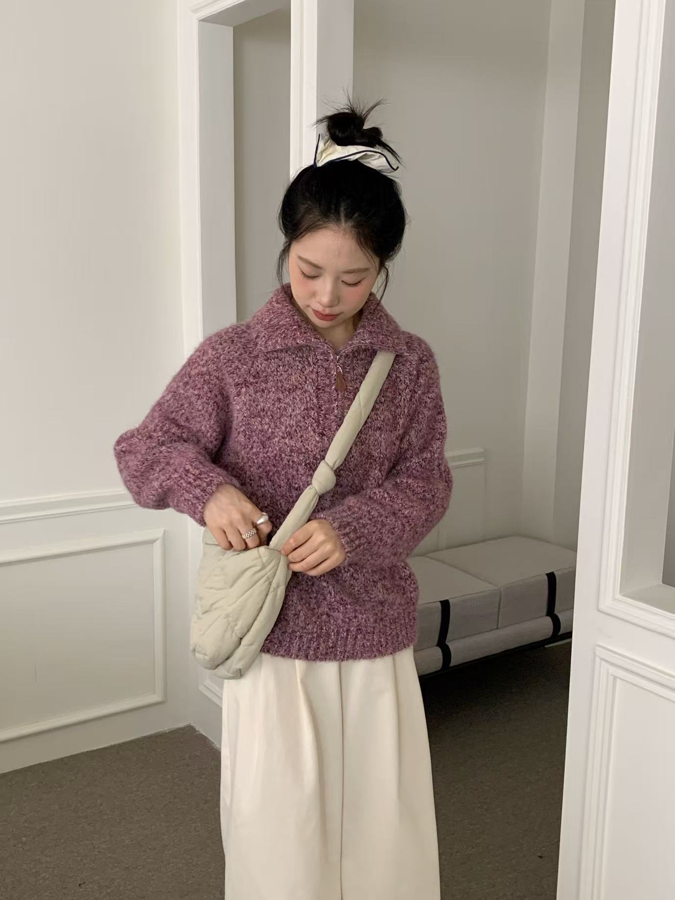 

Lazy wind lapel pullover sweater women s autumn and winter new loose outer wear semi-zipper knitted sweater top One size